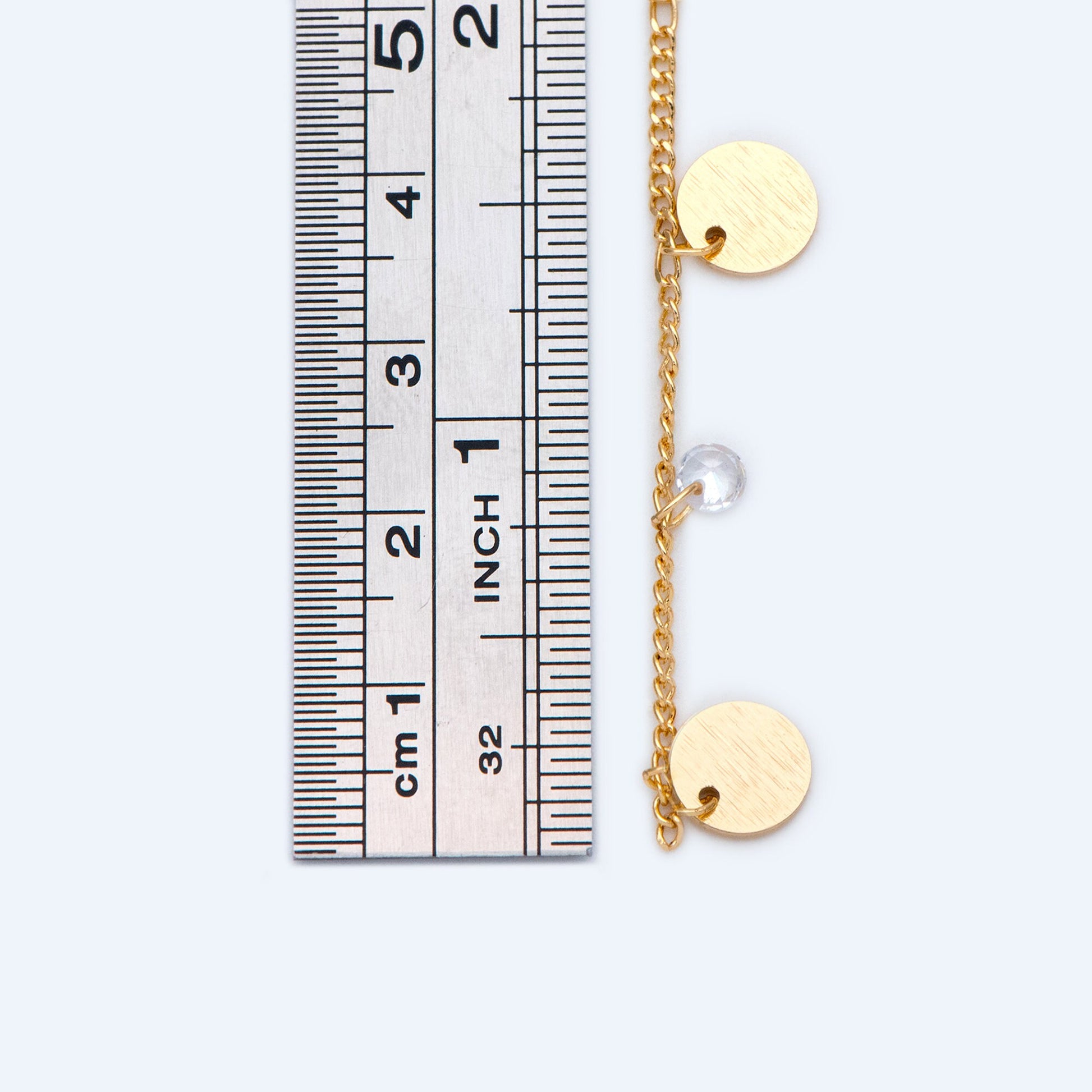 Gold Chain with Disc and CZ Charms, Curb Chain with Brushed Gold Disk, Lead Nickel Free (#LK-220-1)/ 1 Meter=3.3ft