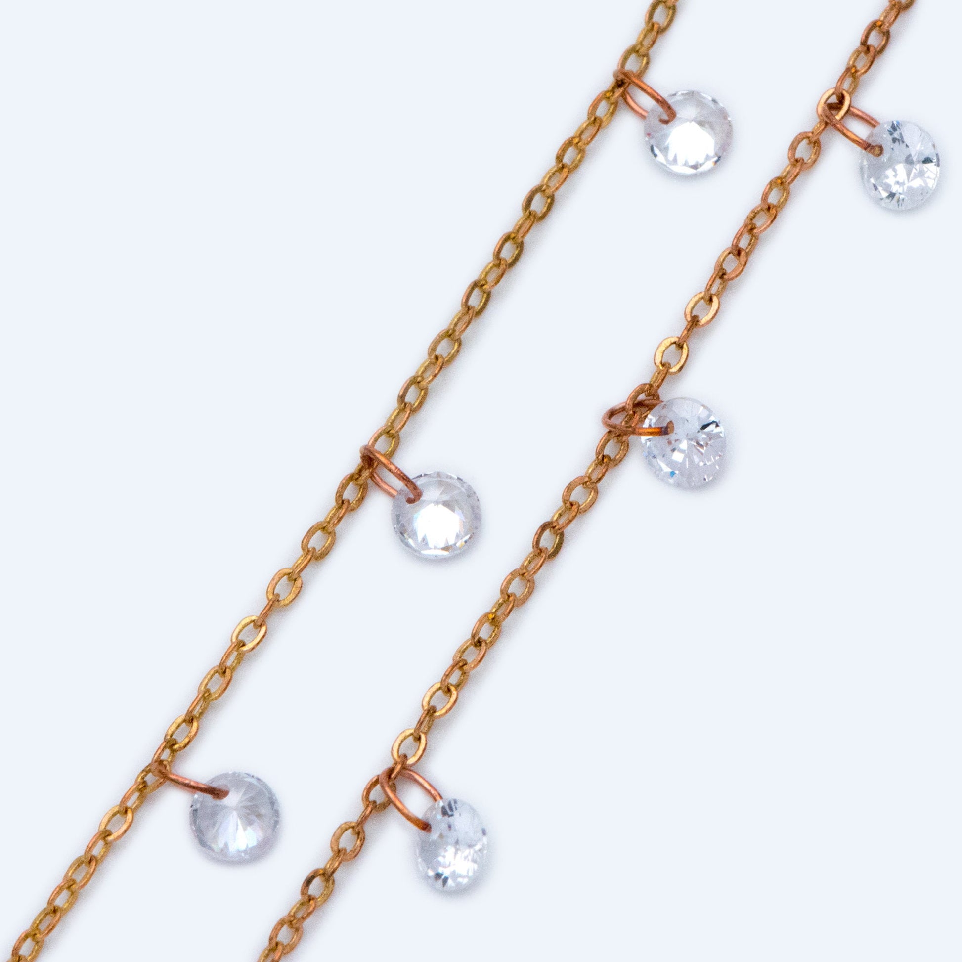 Raw Brass Cable Chains with Clear CZ Charms, Unplated Brass Beaded Chains (#LK-223-RB)/ 1 Meter=3.3 ft