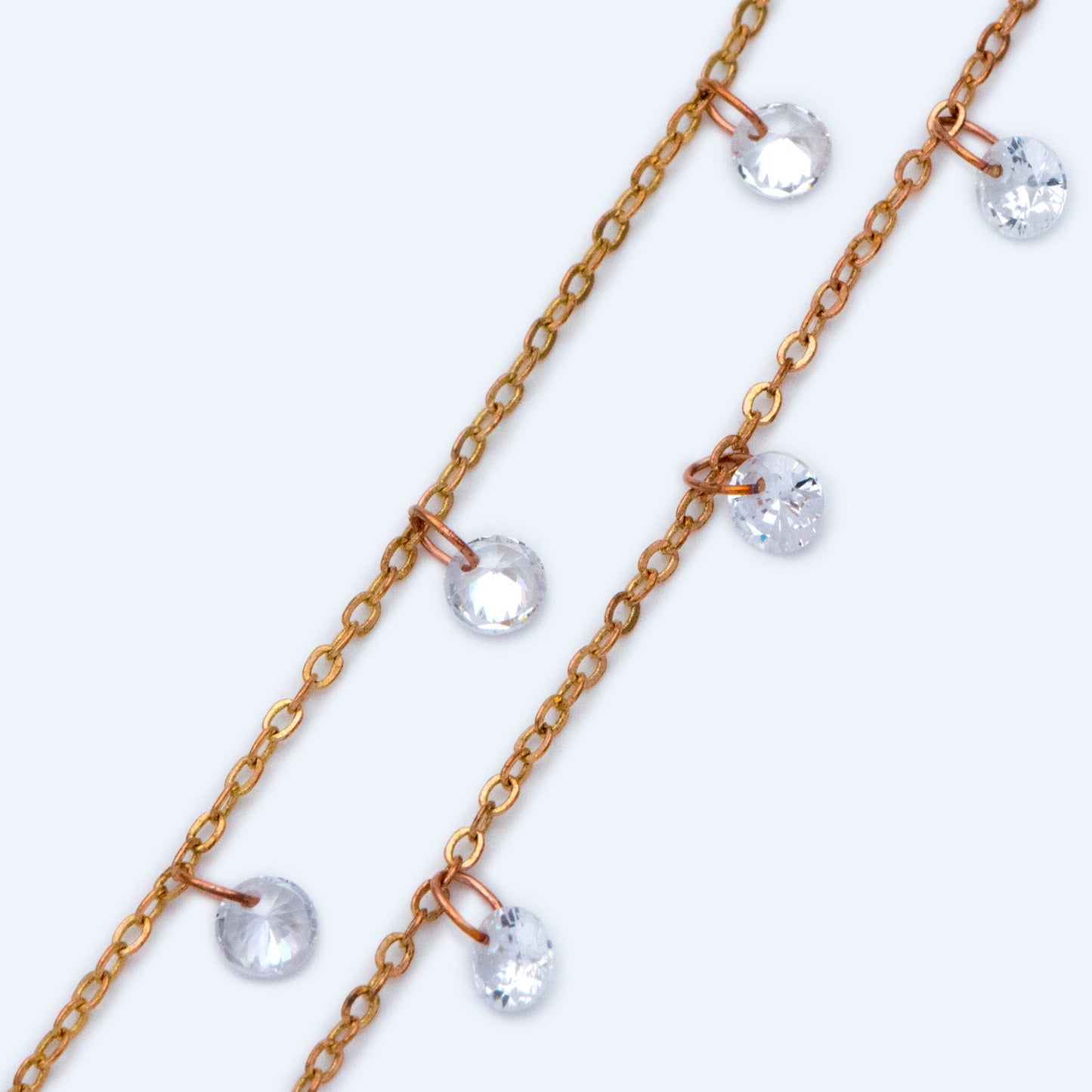 Raw Brass Cable Chains with Clear CZ Charms, Unplated Brass Beaded Chains (#LK-223-RB)/ 1 Meter=3.3 ft
