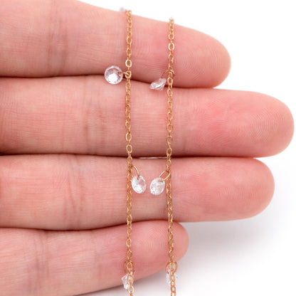 Raw Brass Cable Chains with Clear CZ Charms, Unplated Brass Beaded Chains (#LK-223-RB)/ 1 Meter=3.3 ft