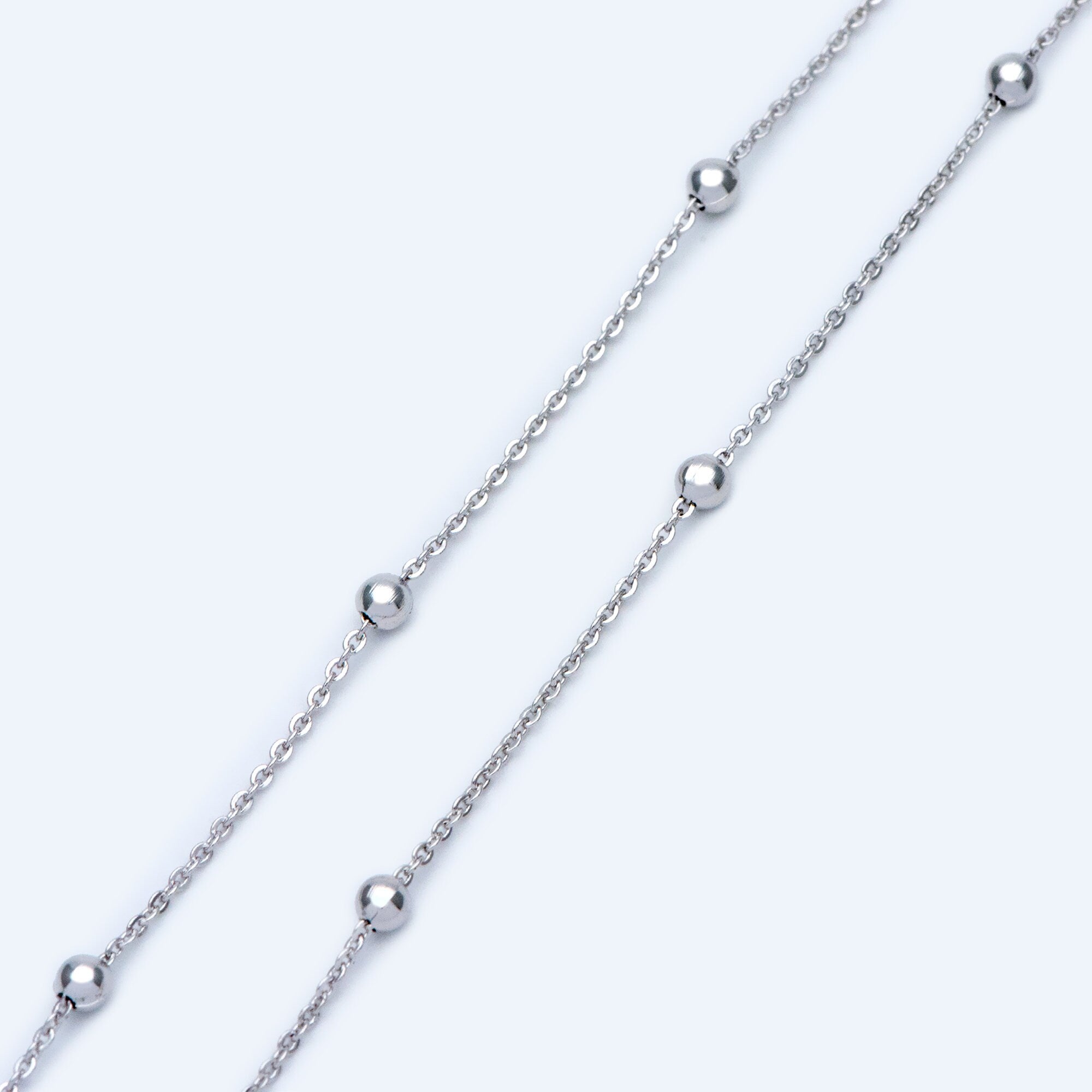 Silver tone Satellite Chains, 1.2mm Chain with 3mm Round Beads, Rhodium plated Brass Beaded Cable Chain (#LK-225-2)/ 1 Meter=3.3 ft