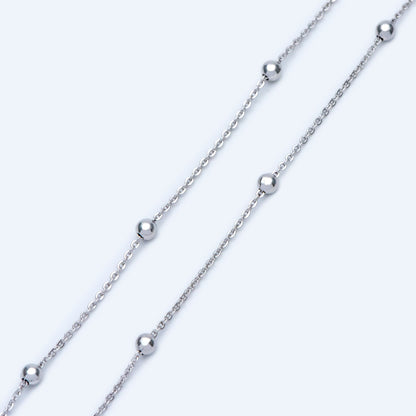 Silver tone Satellite Chains, 1.2mm Chain with 3mm Round Beads, Rhodium plated Brass Beaded Cable Chain (#LK-225-2)/ 1 Meter=3.3 ft