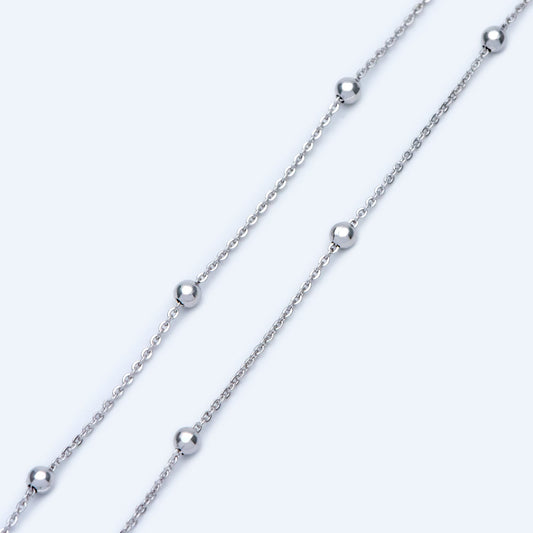 Silver tone Satellite Chains, 1.2mm Chain with 3mm Round Beads, Rhodium plated Brass Beaded Cable Chain (#LK-225-2)/ 1 Meter=3.3 ft