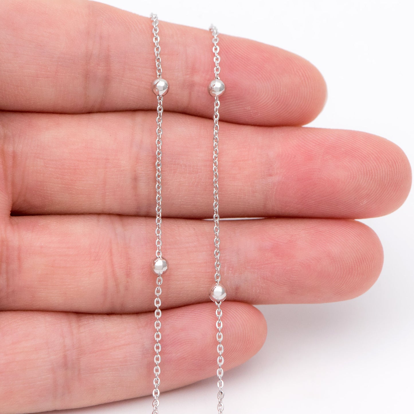 Silver tone Satellite Chains, 1.2mm Chain with 3mm Round Beads, Rhodium plated Brass Beaded Cable Chain (#LK-225-2)/ 1 Meter=3.3 ft