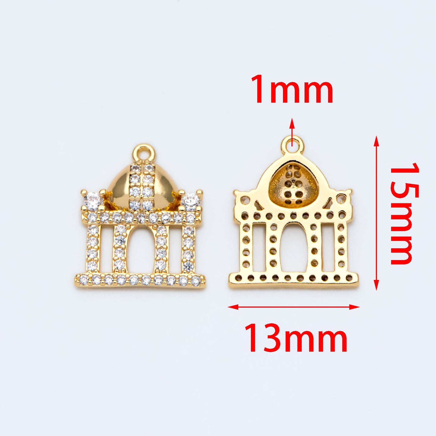 4pcs CZ pave Gold Castle Charm 15x13mm, Gold Plated Brass Castle Pendants (GB-1332)