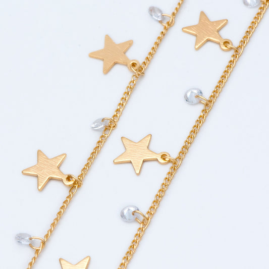 Gold Chain with Star and CZ Charms, 18K Gold plated Brass Curb Chain, Quality Chain for Jewelry Wholesale (#LK-219-1)/ 1 Meter=3.3ft