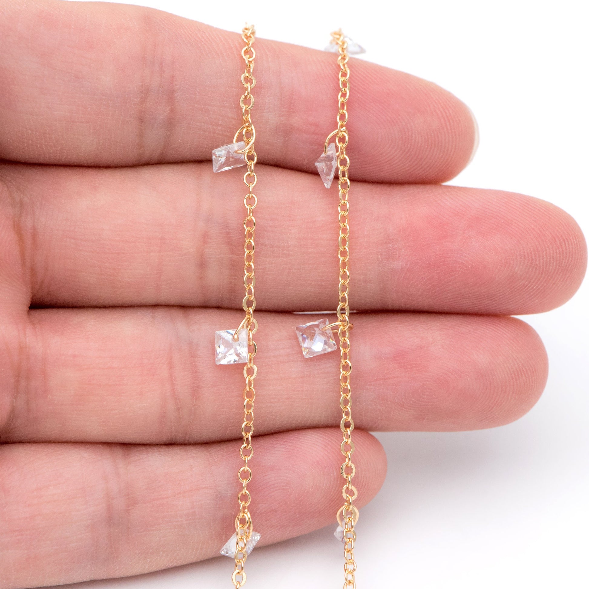 Gold/ Silver tone Beaded Chains, Gold/ Rhodium plated Brass Chain with CZ Beads 4mm (#LK-192)/ 1 Meter=3.3 ft