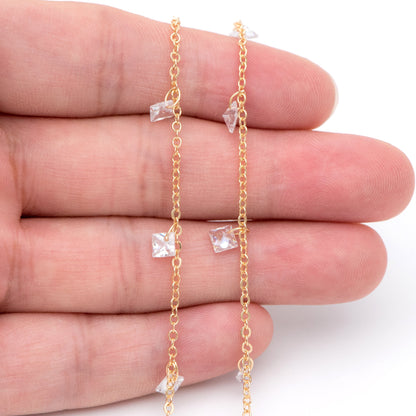 Gold/ Silver tone Beaded Chains, Gold/ Rhodium plated Brass Chain with CZ Beads 4mm (#LK-192)/ 1 Meter=3.3 ft