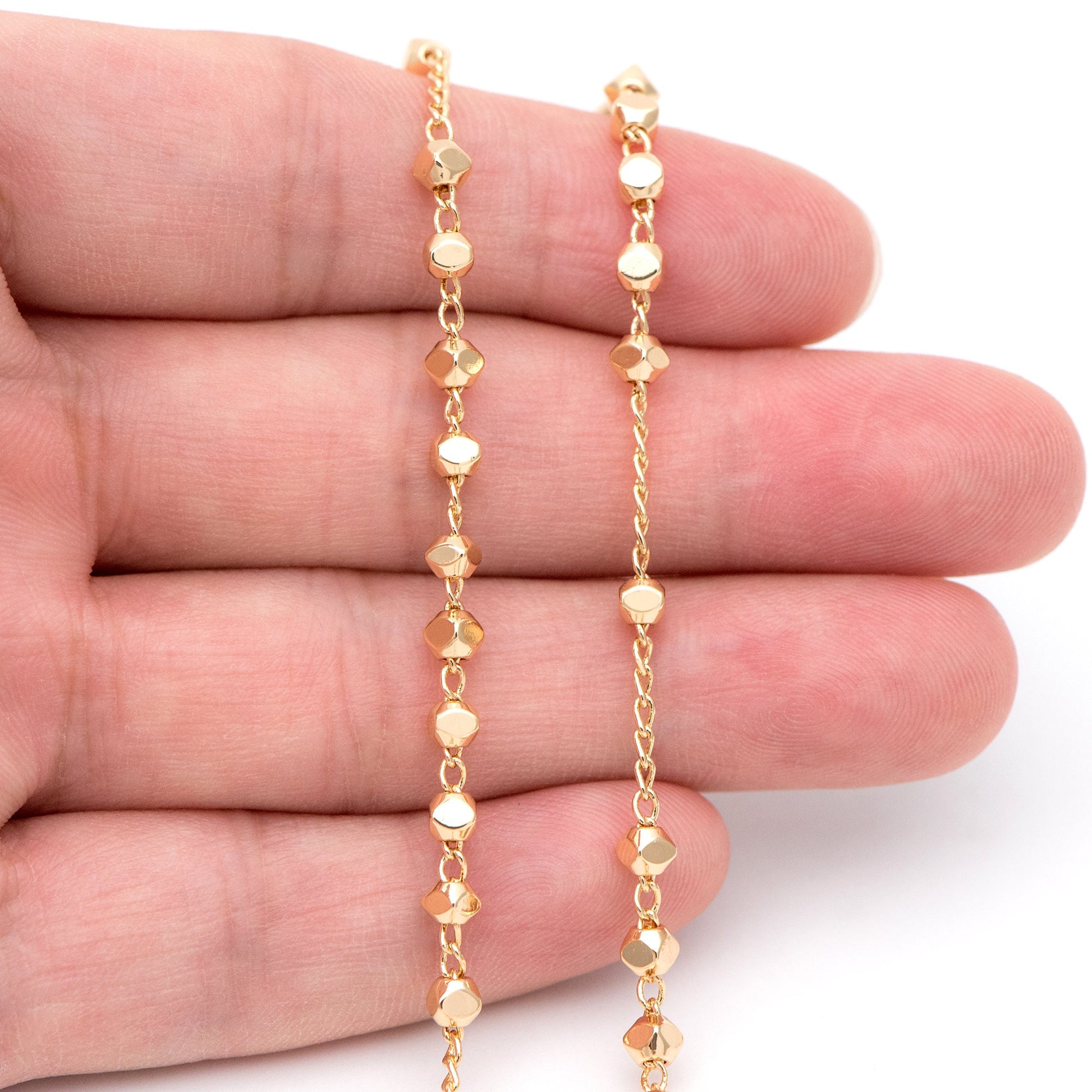 Gold plated Brass Beaded Chains, 1.5mm Chain with 3mm Faceted Beads, Jewelry Craft Chain Wholesale (#LK-193)/ 1 Meter=3.3 ft