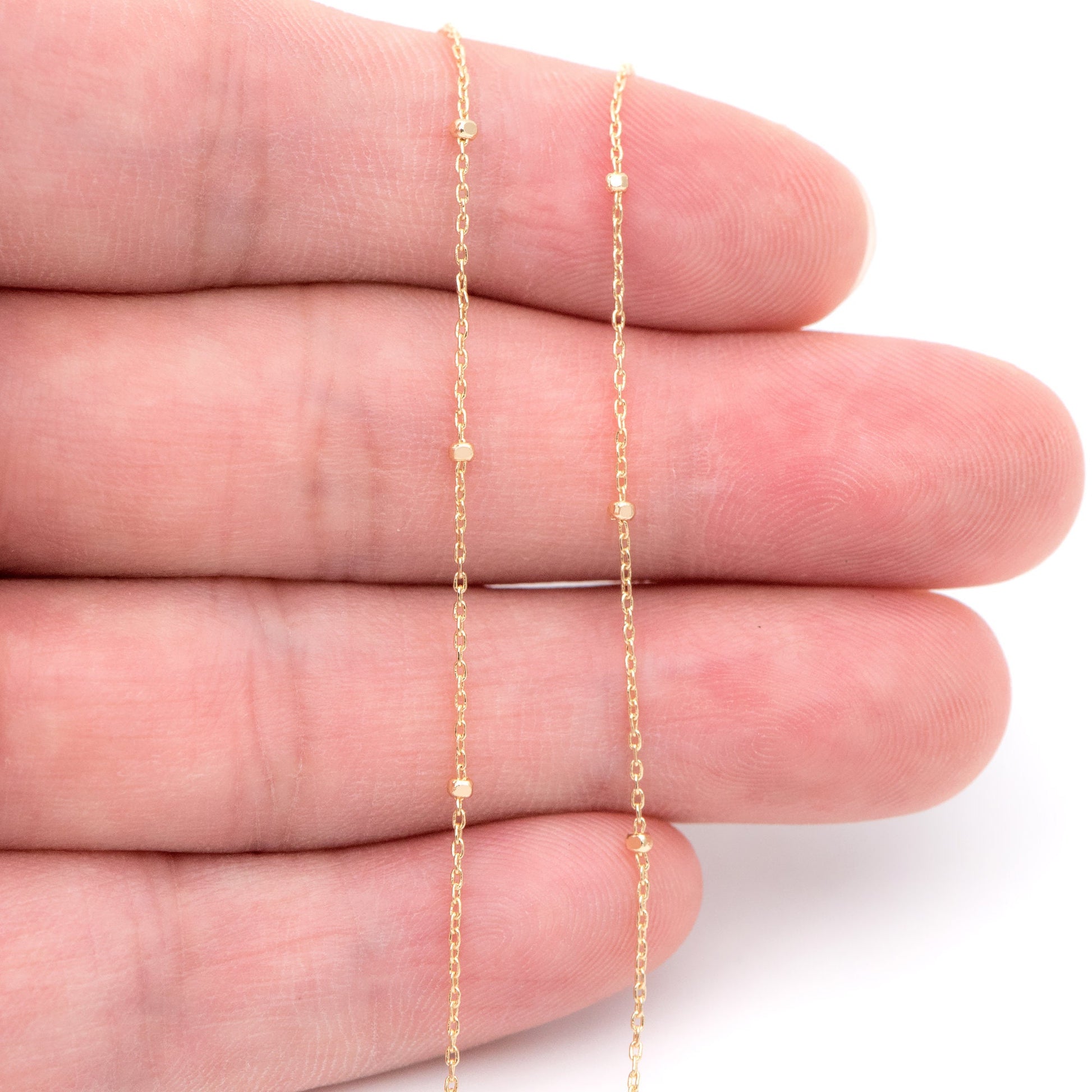 Gold/ Silver Tone Cube Beaded Chains, 0.8mm Cable Chain with 1.3mm Cube Beads, Thin Craft Jewelry Chain (#LK-196)/ 1 Meter=3.3 ft