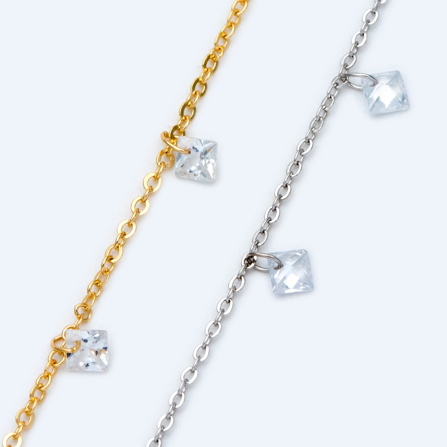 Gold/ Silver tone Beaded Chains, Gold/ Rhodium plated Brass Chain with CZ Beads 4mm (#LK-192)/ 1 Meter=3.3 ft