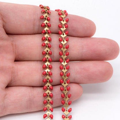 Red Enamel Brass Arrow Chain 6mm, Flat Chevron Chain, Herringbone Fish bone Designer Chain (#LK-048-6)/ 1 Meter=3.3ft