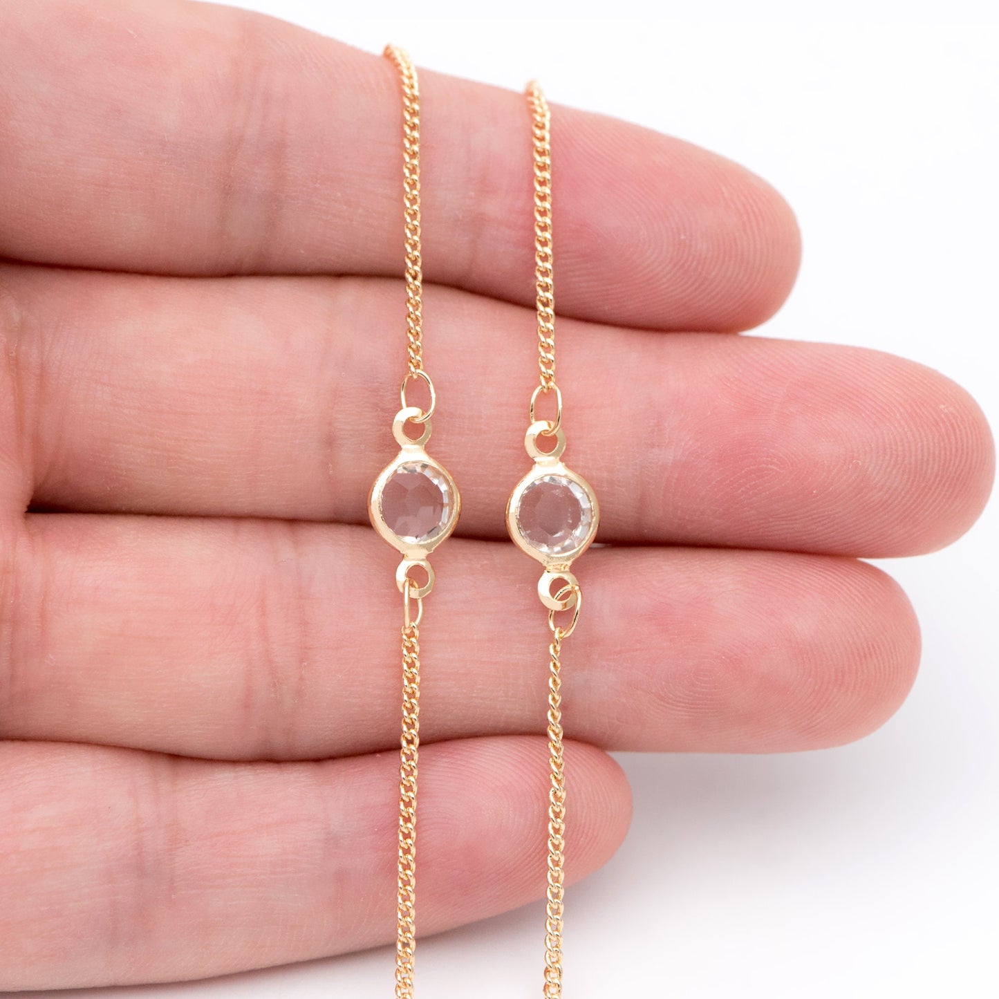 Gold plated Brass Crystal Beaded Chains, 1.3mm Chains with 7mm Flat Coin Clear Beads, Color Not Easily Tarnish (#LK-186)/ 1 Meter=3.3 ft