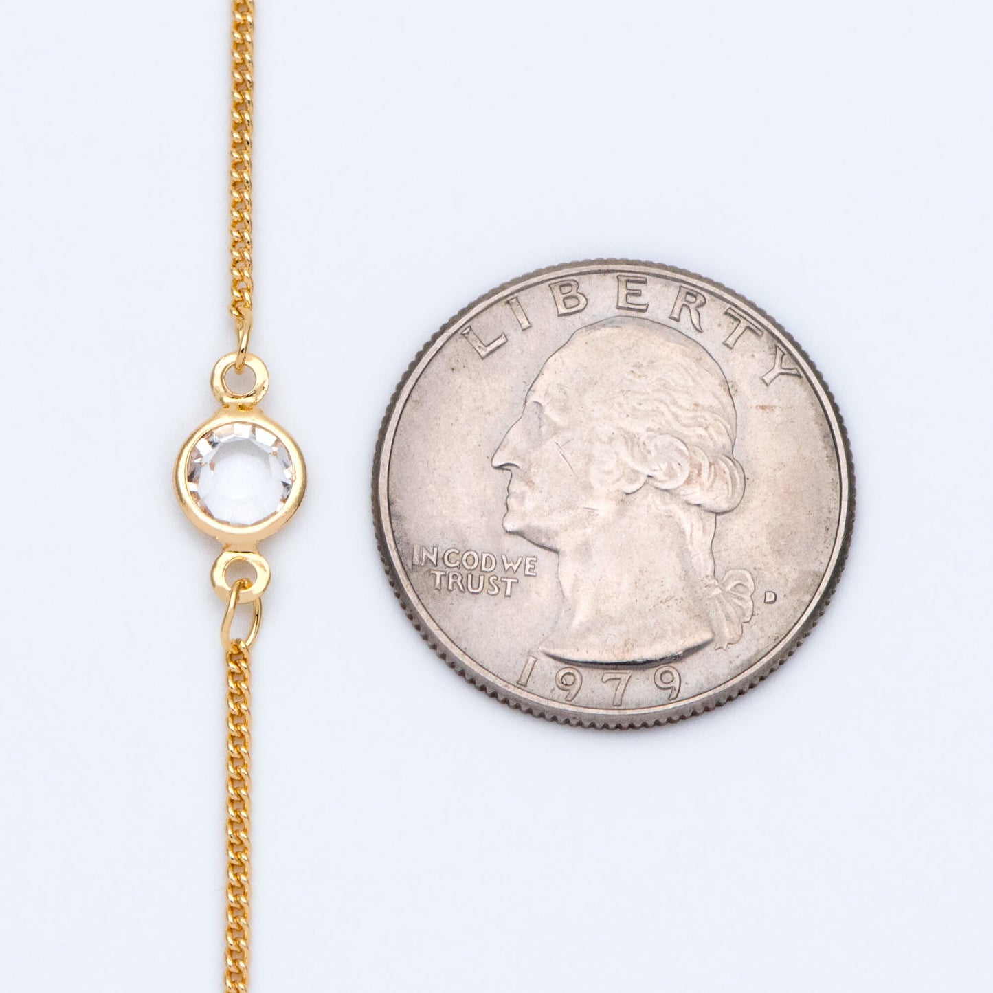 Gold plated Brass Crystal Beaded Chains, 1.3mm Chains with 7mm Flat Coin Clear Beads, Color Not Easily Tarnish (#LK-186)/ 1 Meter=3.3 ft