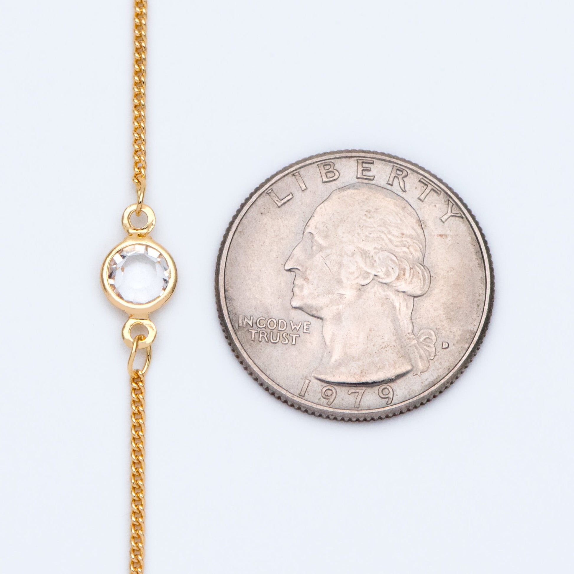 Gold plated Brass Crystal Beaded Chains, 1.3mm Chains with 7mm Flat Coin Clear Beads, Color Not Easily Tarnish (#LK-186)/ 1 Meter=3.3 ft