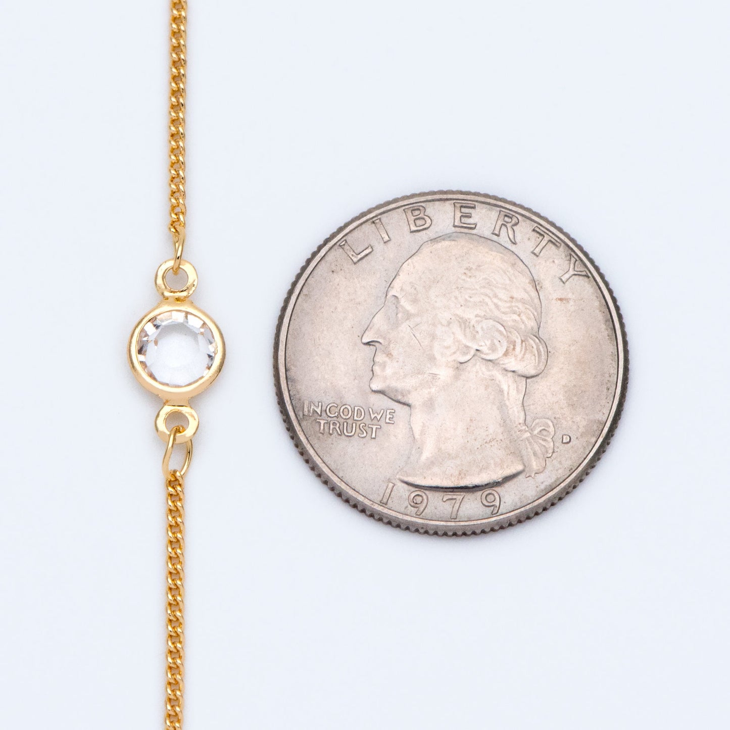 Gold plated Brass Crystal Beaded Chains, 1.3mm Chains with 7mm Flat Coin Clear Beads, Color Not Easily Tarnish (#LK-186)/ 1 Meter=3.3 ft