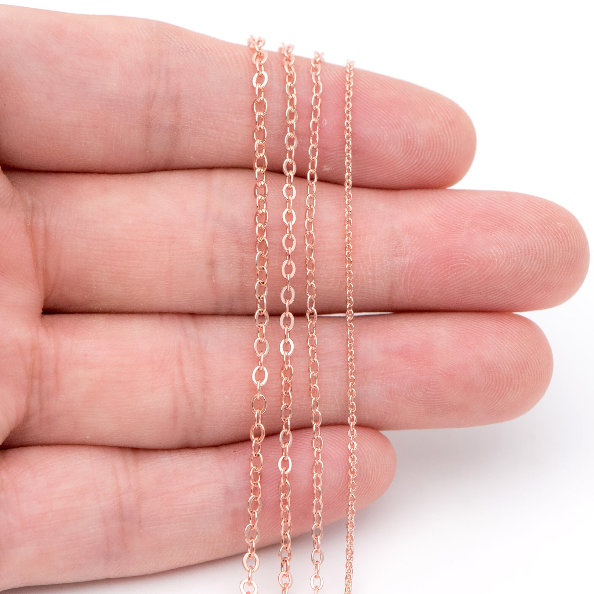 Dainty Rose Gold Flat Oval Cable Chains, Real Gold plated Brass Tiny Chains, 1.2/ 1.7/ 2.1mm Thin Chains (#LK-187)/ 1 Meter=3.3 ft