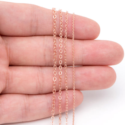 Dainty Rose Gold Flat Oval Cable Chains, Real Gold plated Brass Tiny Chains, 1.2/ 1.7/ 2.1mm Thin Chains (#LK-187)/ 1 Meter=3.3 ft