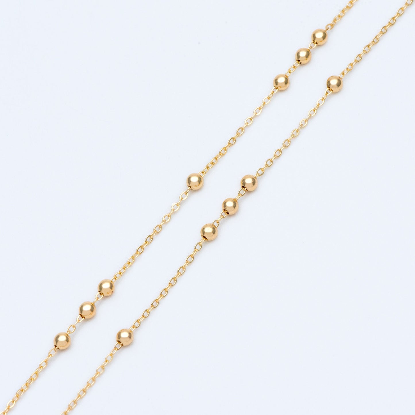 Gold plated Brass Beaded Chains, 1.6mm Chain with 3.5mm Ball Beads, Color Not Easily Tarnish (#LK-188)/ 1 Meter=3.3 ft