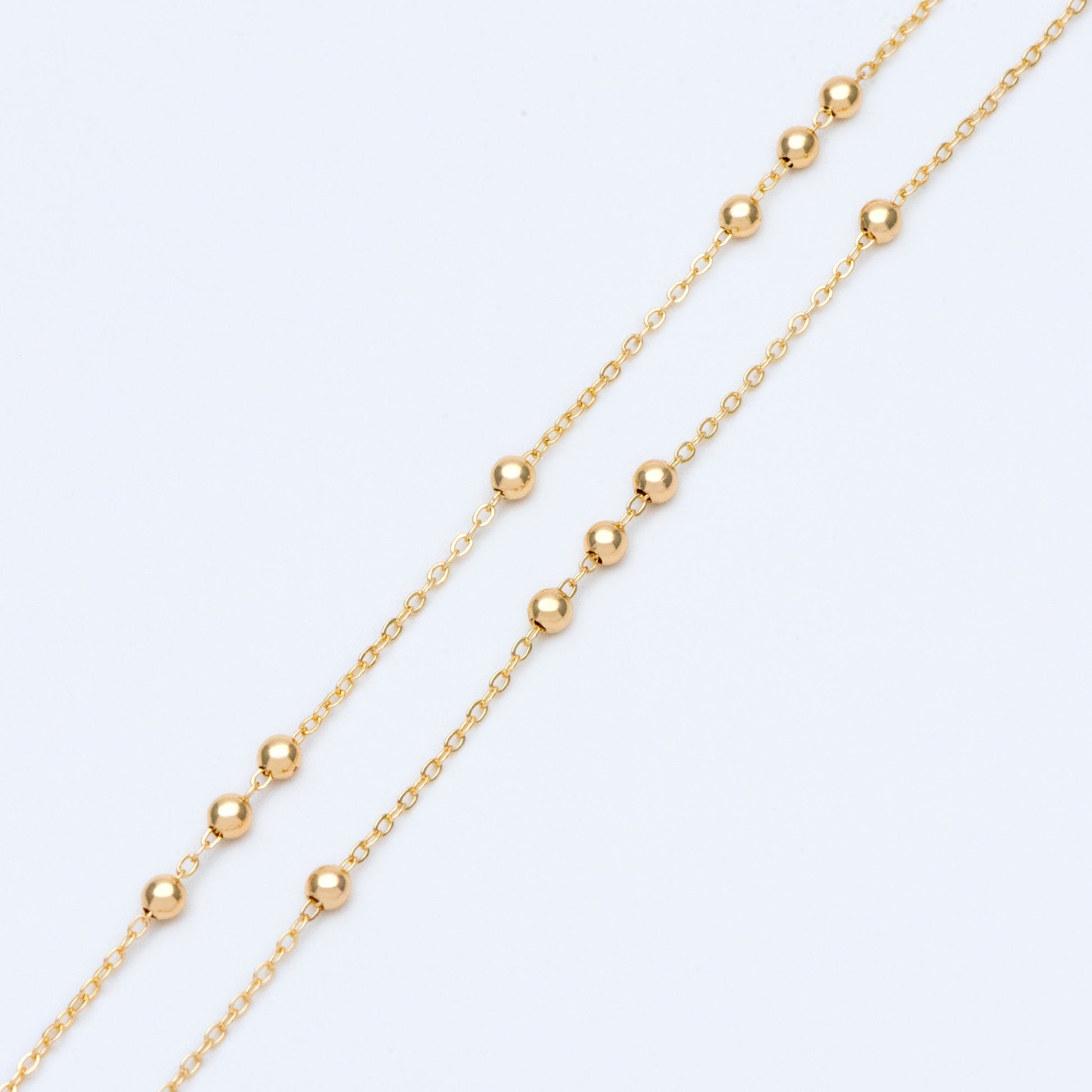 Gold plated Brass Beaded Chains, 1.6mm Chain with 3.5mm Ball Beads, Color Not Easily Tarnish (#LK-188)/ 1 Meter=3.3 ft