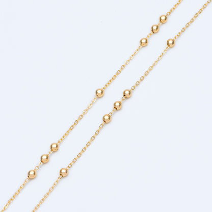 Gold plated Brass Beaded Chains, 1.6mm Chain with 3.5mm Ball Beads, Color Not Easily Tarnish (#LK-188)/ 1 Meter=3.3 ft