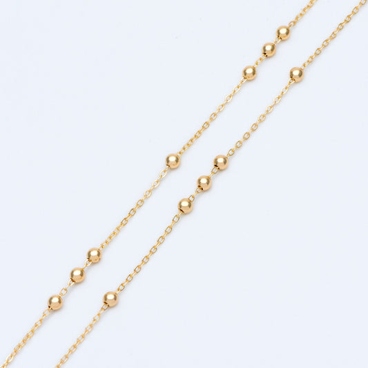 Gold plated Brass Beaded Chains, 1.6mm Chain with 3.5mm Ball Beads, Color Not Easily Tarnish (#LK-188)/ 1 Meter=3.3 ft