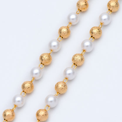Gold Faux Pearl Beaded Chain, 18K Gold plated Brass Chain, Round Faux Pearl and Beads 4mm (LK-189) / 1 meter= 3.3ft