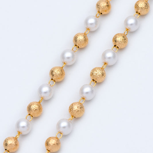 Gold Faux Pearl Beaded Chain, 18K Gold plated Brass Chain, Round Faux Pearl and Beads 4mm (LK-189) / 1 meter= 3.3ft