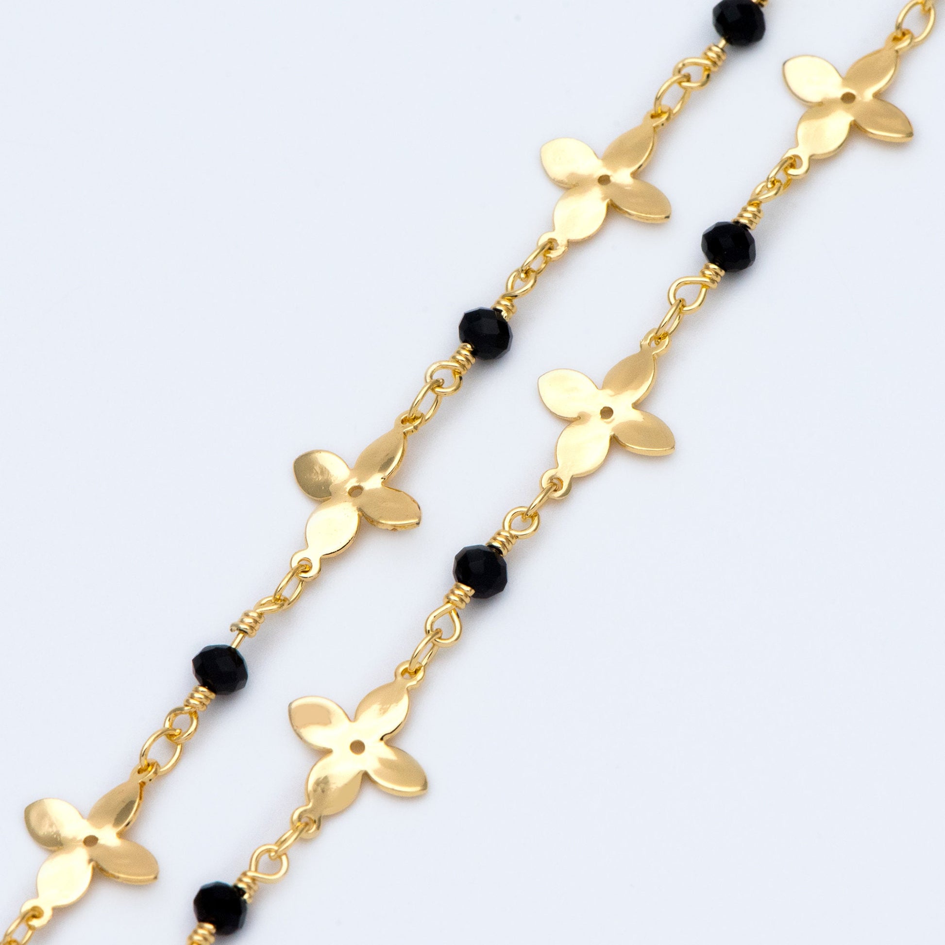 Crystal Glass Bead Chain with 11mm Flower, Gold plated Brass Designer Chain, Color Not Easily Tarnish (#LK-172)/ 1 Meter=3.3ft