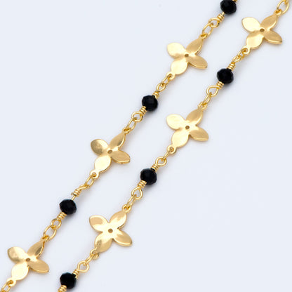 Crystal Glass Bead Chain with 11mm Flower, Gold plated Brass Designer Chain, Color Not Easily Tarnish (#LK-172)/ 1 Meter=3.3ft