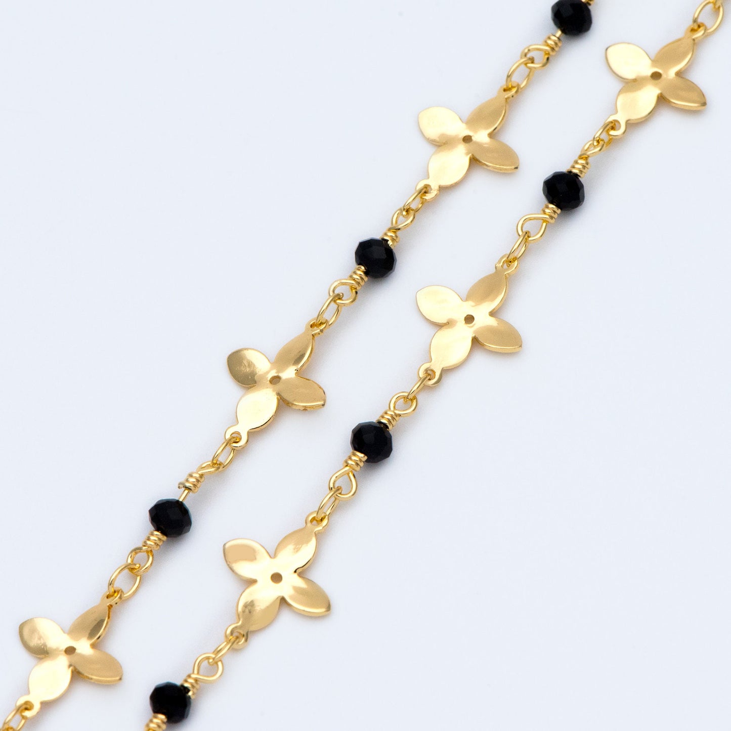 Crystal Glass Bead Chain with 11mm Flower, Gold plated Brass Designer Chain, Color Not Easily Tarnish (#LK-172)/ 1 Meter=3.3ft