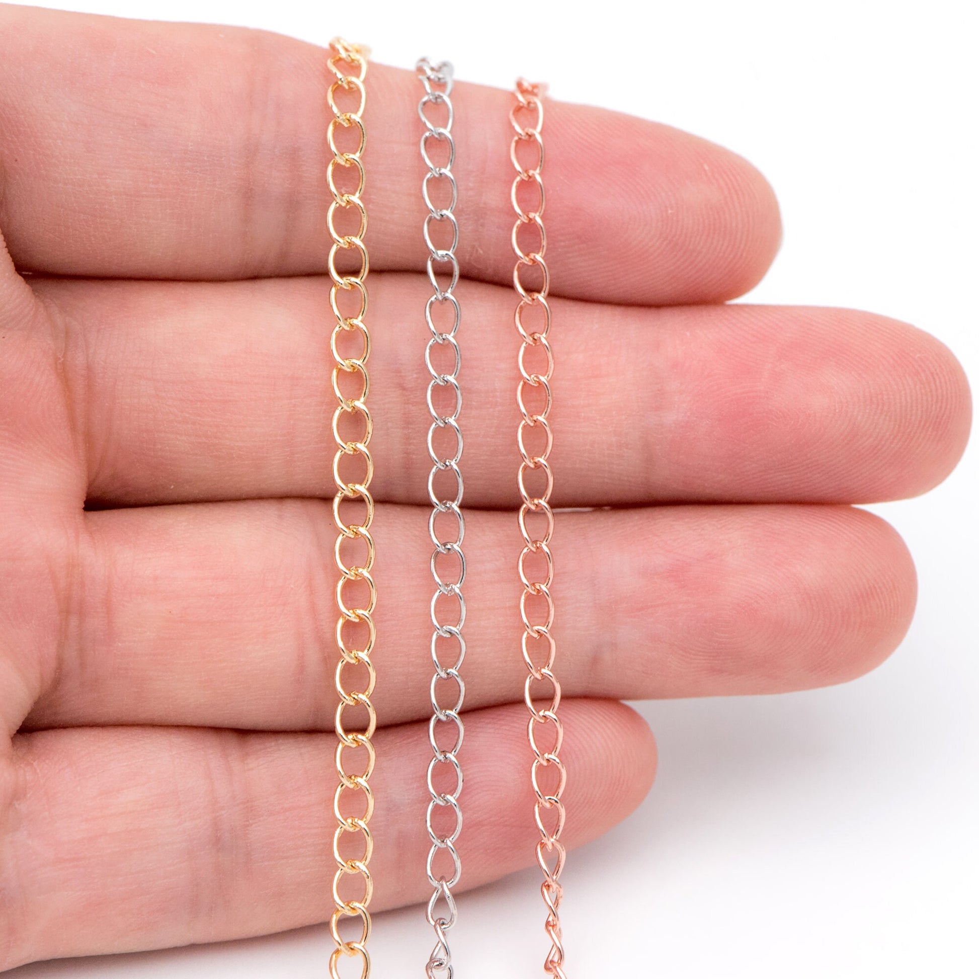 Gold/ Silver/ Rose Gold Curb Chain 3mm, Real Gold/ Rhodium Plated Brass "Extender" Chain, Color Not Easily Tarnish (LK-175)/ 1 meter