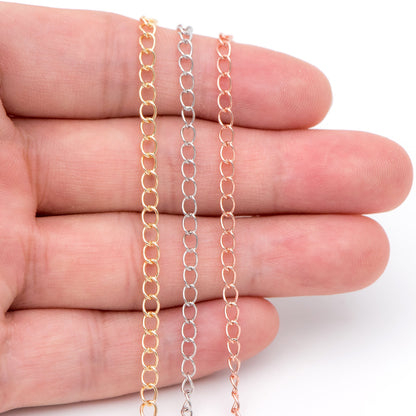 Gold/ Silver/ Rose Gold Curb Chain 3mm, Real Gold/ Rhodium Plated Brass "Extender" Chain, Color Not Easily Tarnish (LK-175)/ 1 meter