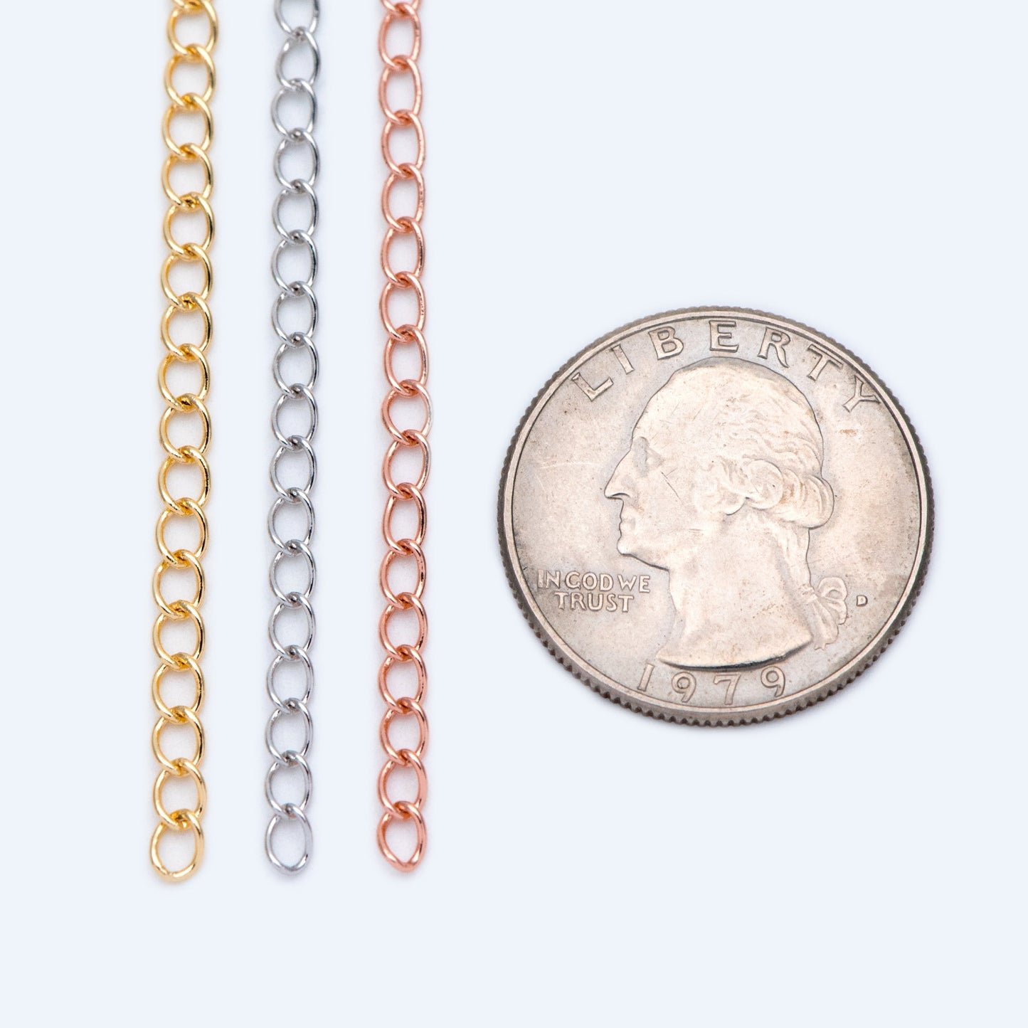 Gold/ Silver/ Rose Gold Curb Chain 3mm, Real Gold/ Rhodium Plated Brass "Extender" Chain, Color Not Easily Tarnish (LK-175)/ 1 meter