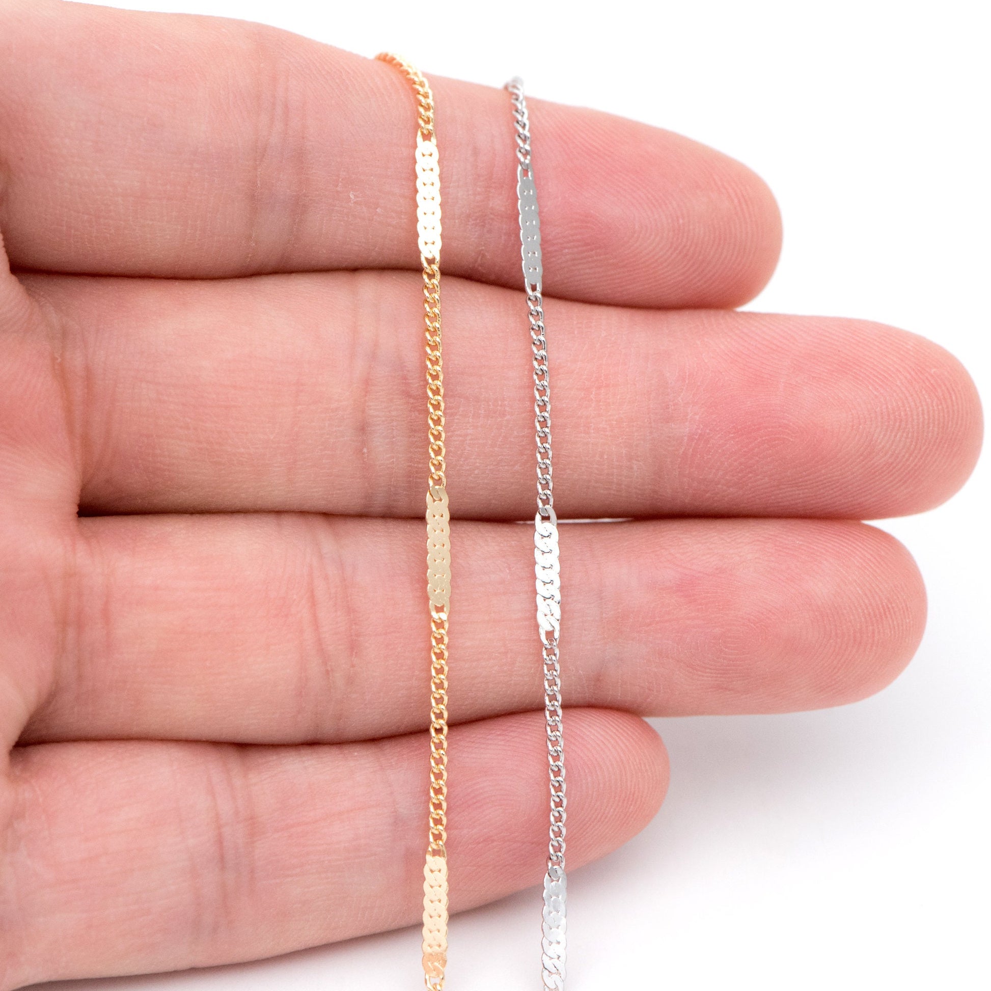 Dainty Gold/ Silver tone Flat Link Chains 1.9mm, Real Gold/ Rhodium plated on Brass Tiny Chain (#LK-177)/ 1 Meter=3.3 ft