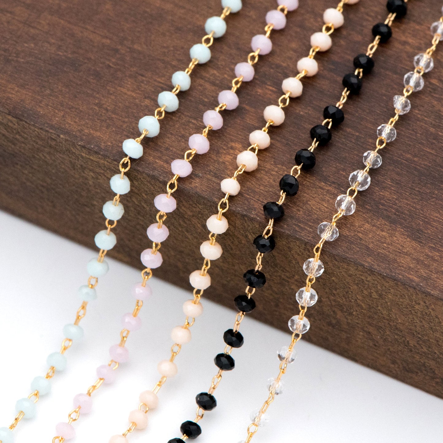 Gold Crystal Beaded Chain 3mm Thin, Gold plated Brass Chain with Glass Rondelle Beads, Color Not Easily Tarnish (#LK-180)/ 1 Meter=3.3 ft