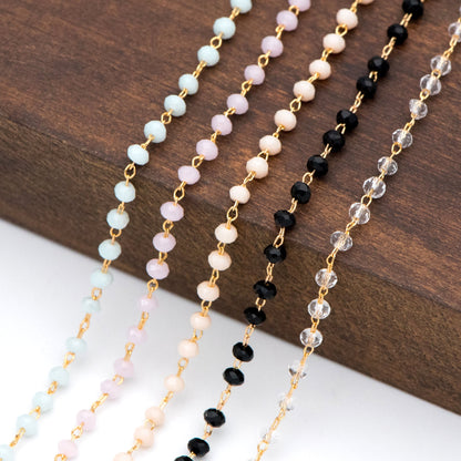 Gold Crystal Beaded Chain 3mm Thin, Gold plated Brass Chain with Glass Rondelle Beads, Color Not Easily Tarnish (#LK-180)/ 1 Meter=3.3 ft