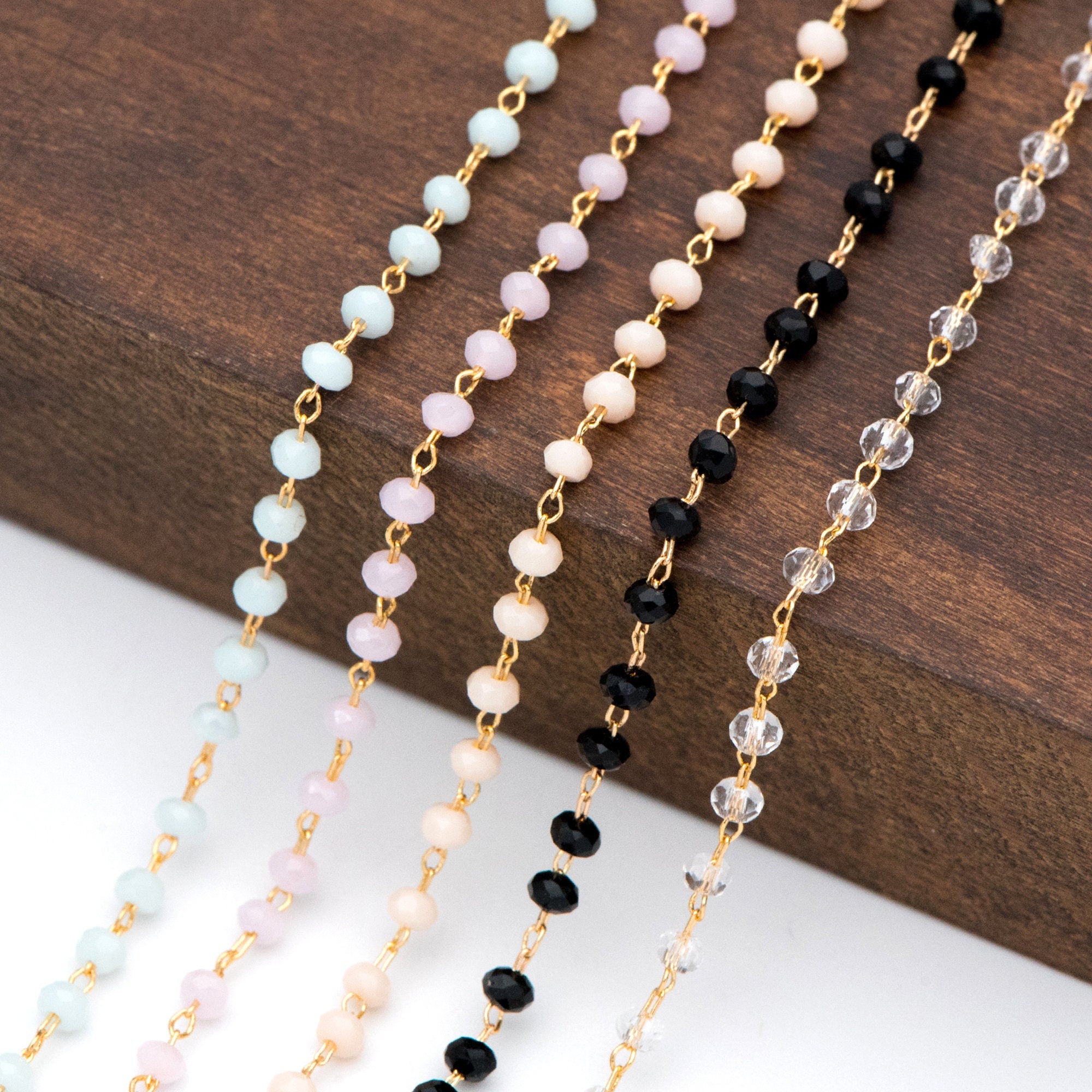 Gold Crystal Beaded Chain 3mm Thin, Gold plated Brass Chain with Glass Rondelle Beads, Color Not Easily Tarnish (#LK-180)/ 1 Meter=3.3 ft