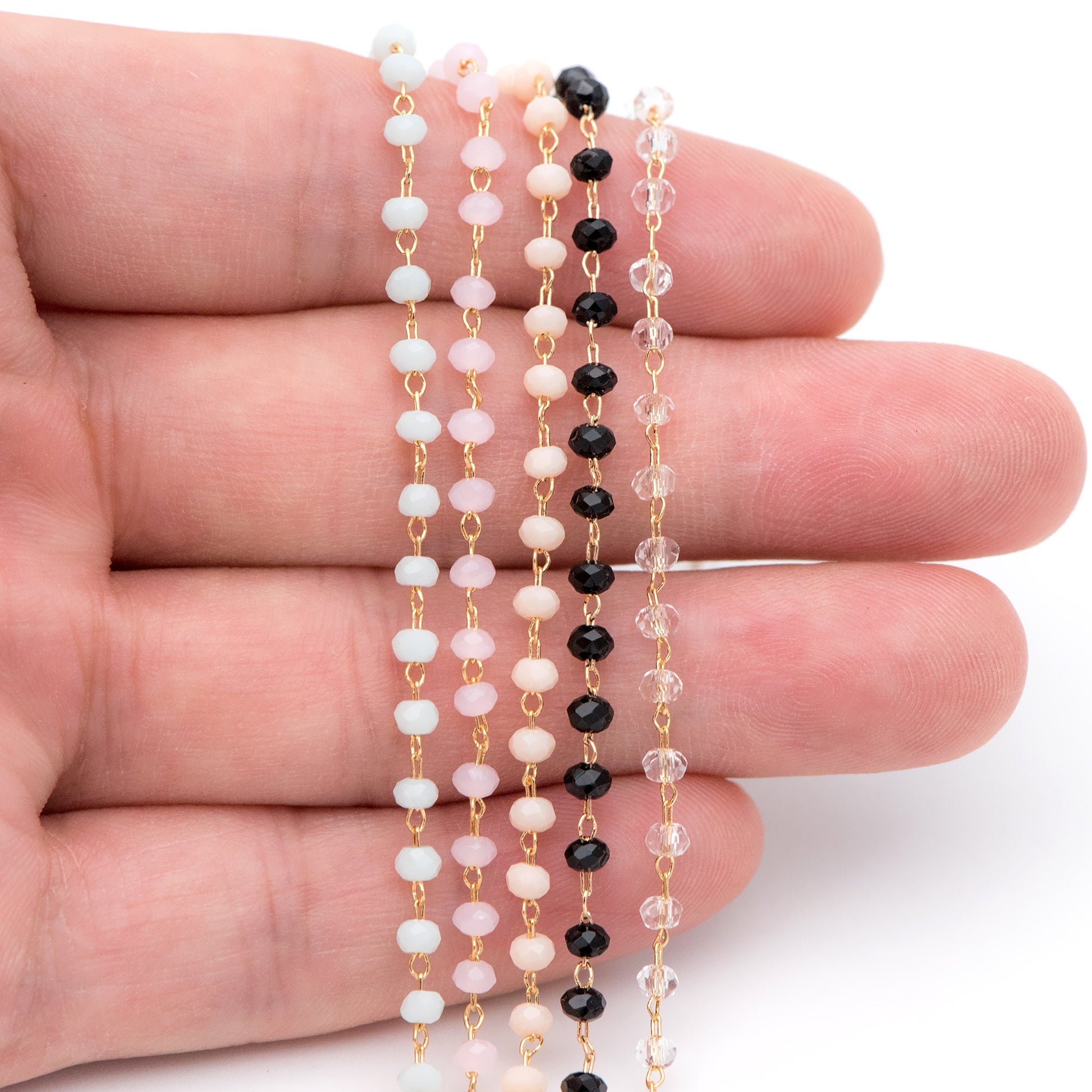 Gold Crystal Beaded Chain 3mm Thin, Gold plated Brass Chain with Glass Rondelle Beads, Color Not Easily Tarnish (#LK-180)/ 1 Meter=3.3 ft