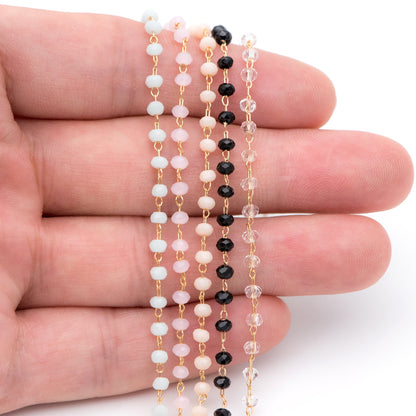 Gold Crystal Beaded Chain 3mm Thin, Gold plated Brass Chain with Glass Rondelle Beads, Color Not Easily Tarnish (#LK-180)/ 1 Meter=3.3 ft