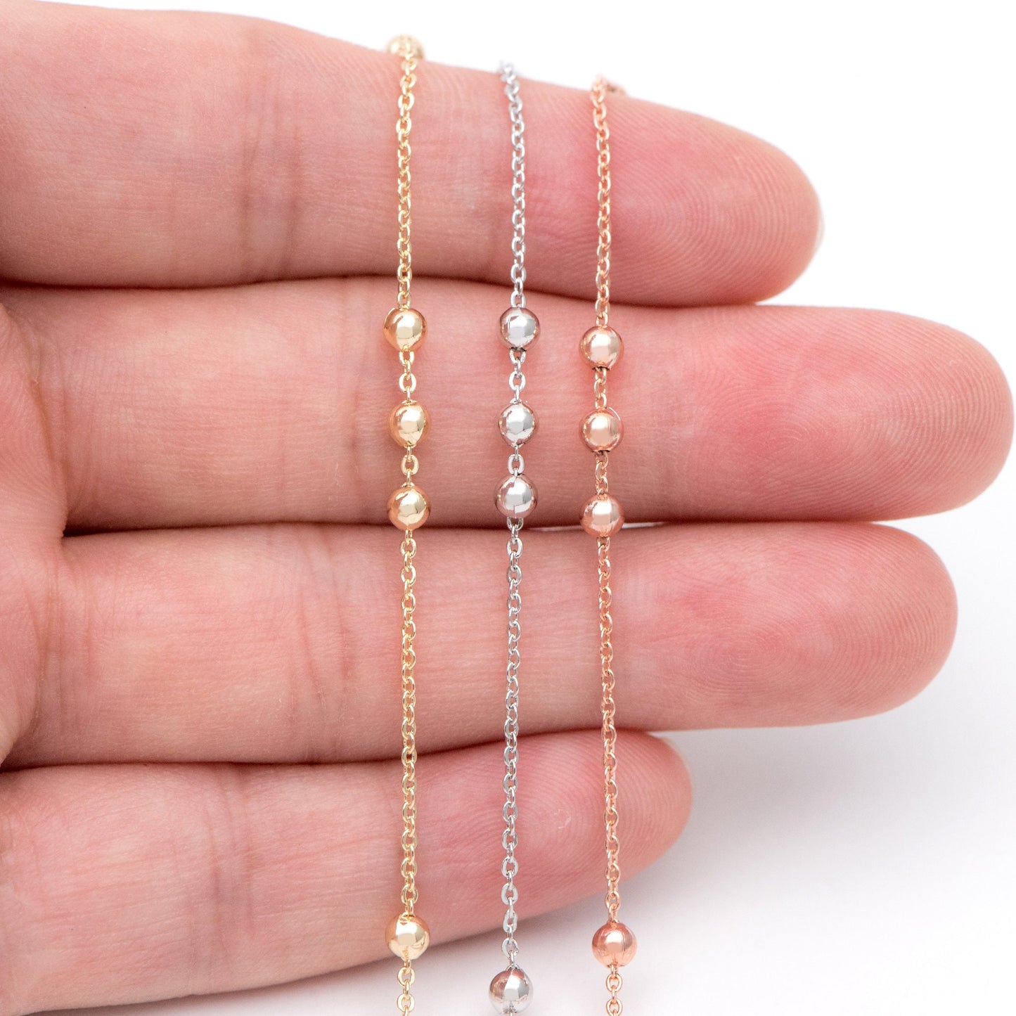 Gold/ Silver/ Rose Gold Beaded Chains, 1.3mm Chain with 3mm Ball Beads, Color Not Easily Tarnish (#LK-165)/ 1 Meter=3.3 ft