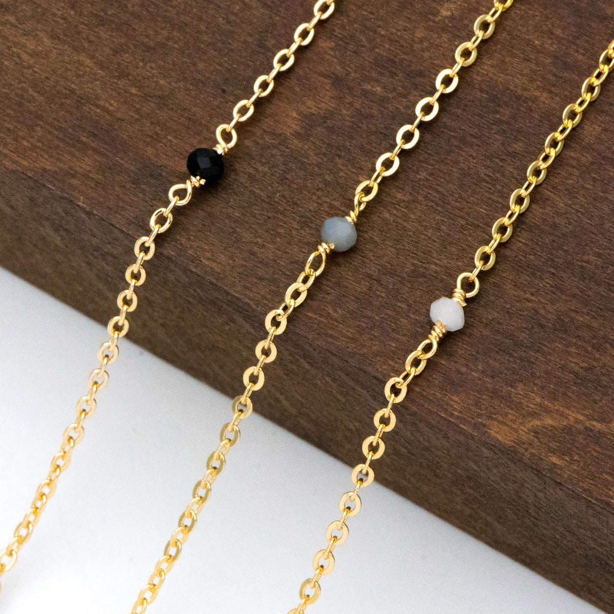 Gold plated Brass Crystal Bead Chains, 1.8mm Beaded Chains with 3mm Glass Rondelles, Black Grey White (#LK-145)/ 1 Meter=3.3 ft