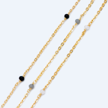 Gold plated Brass Crystal Bead Chains, 1.8mm Beaded Chains with 3mm Glass Rondelles, Black Grey White (#LK-145)/ 1 Meter=3.3 ft