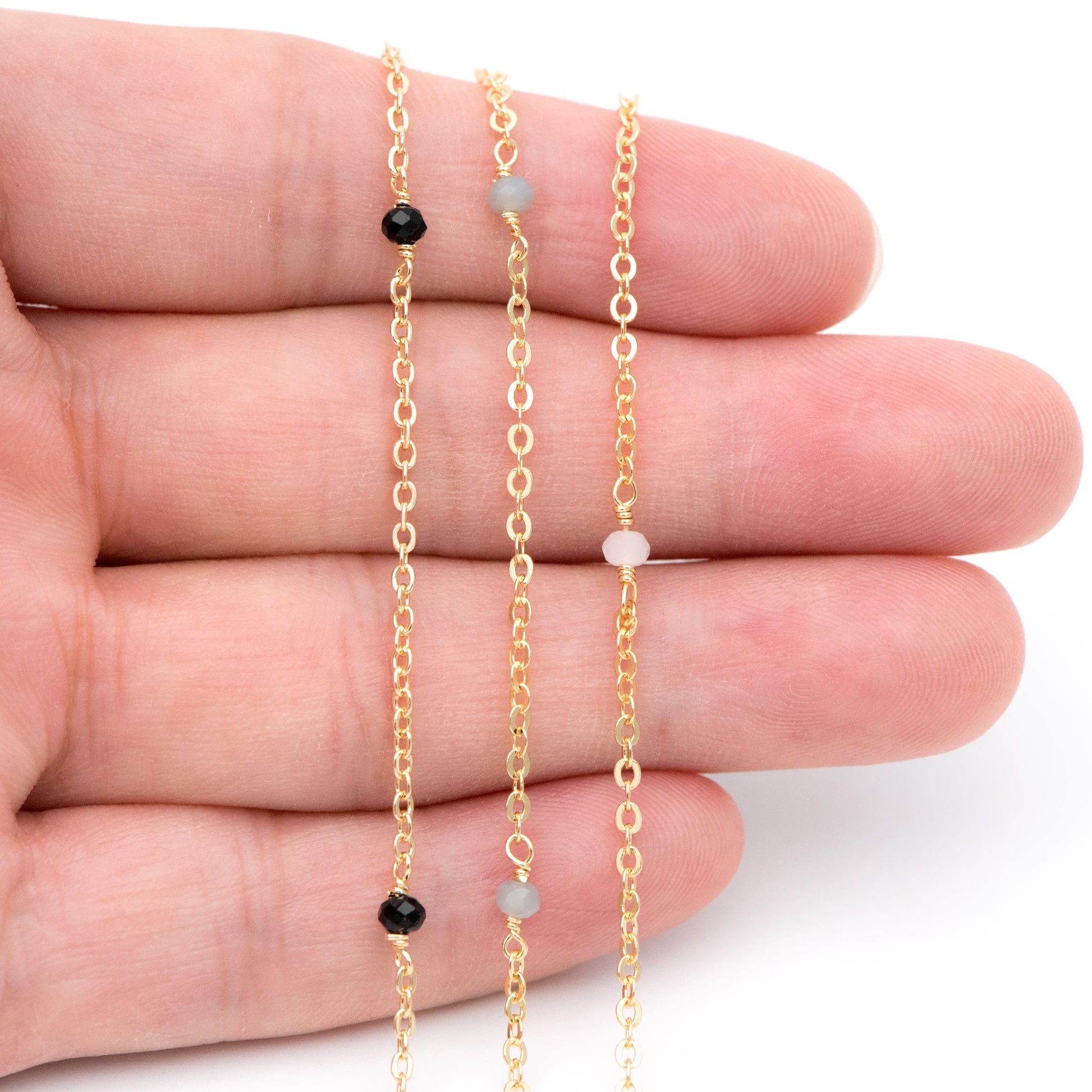 Gold plated Brass Crystal Bead Chains, 1.8mm Beaded Chains with 3mm Glass Rondelles, Black Grey White (#LK-145)/ 1 Meter=3.3 ft