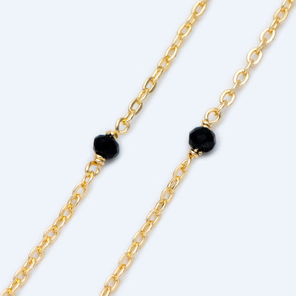 Gold plated Brass Crystal Bead Chains, 1.8mm Beaded Chains with 3mm Glass Rondelles, Black Grey White (#LK-145)/ 1 Meter=3.3 ft