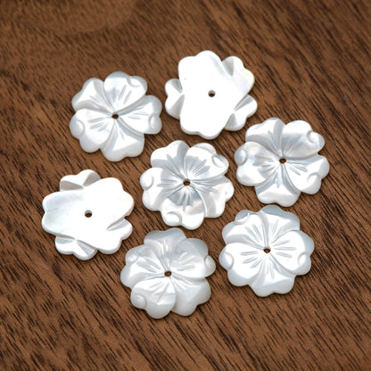 10pcs White Mother of Pearl Flowers, Carved MOP Shell Flowers 15mm, Center Drilled (V1356-1)