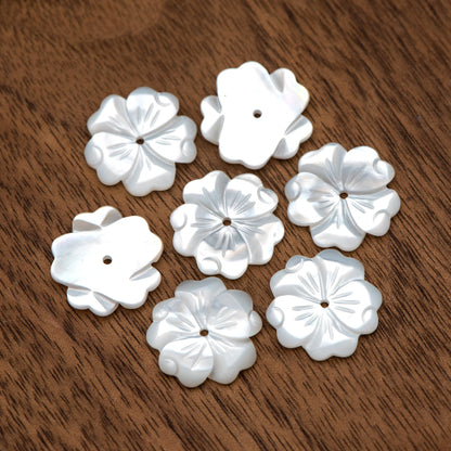 10pcs White Mother of Pearl Flowers, Carved MOP Shell Flowers 15mm, Center Drilled (V1356-1)