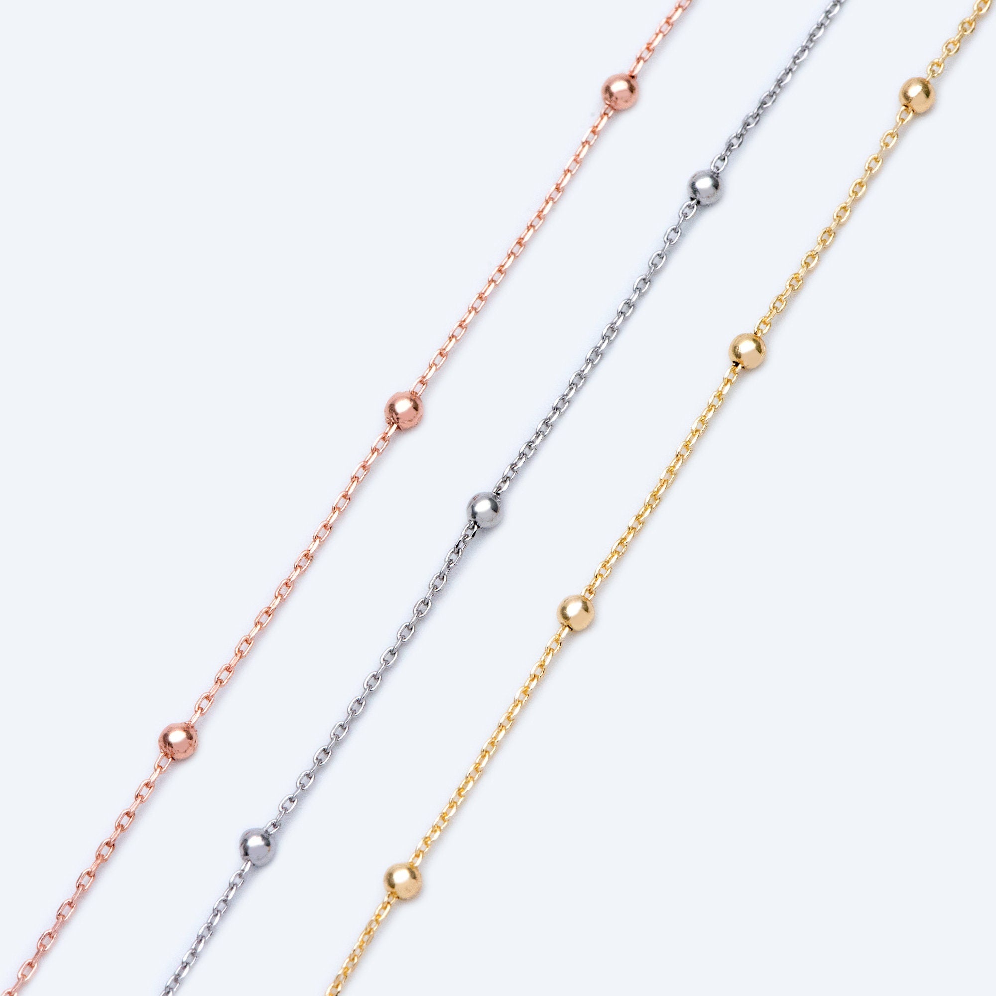Gold/ Silver/ Rose Gold Satellite Chains, 1.1mm Chain with 2.5mm Round Beads, Color Not Easily Tarnish (#LK-170)/ 1 Meter=3.3 ft