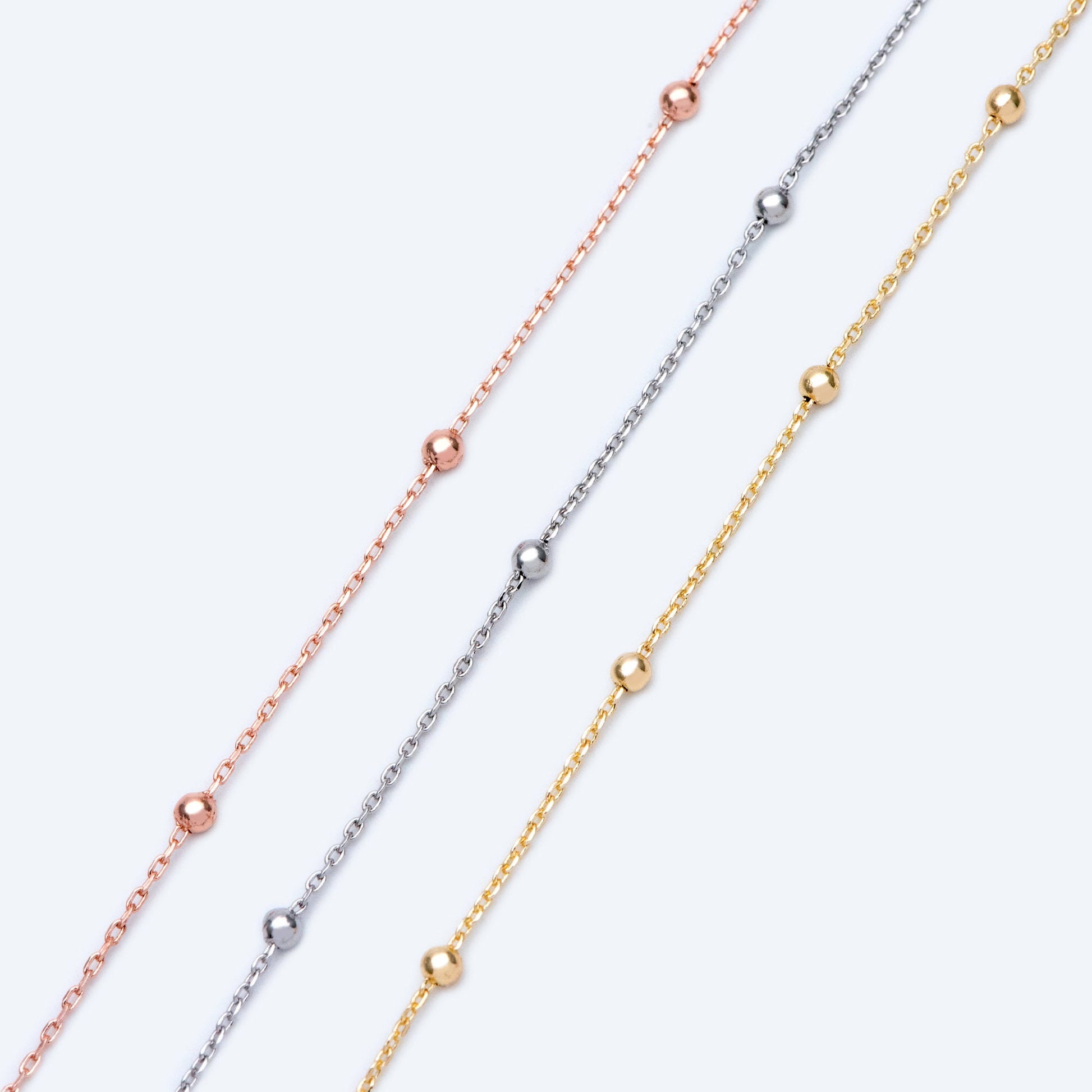 Gold/ Silver/ Rose Gold Satellite Chains, 1.1mm Chain with 2.5mm Round Beads, Color Not Easily Tarnish (#LK-170)/ 1 Meter=3.3 ft