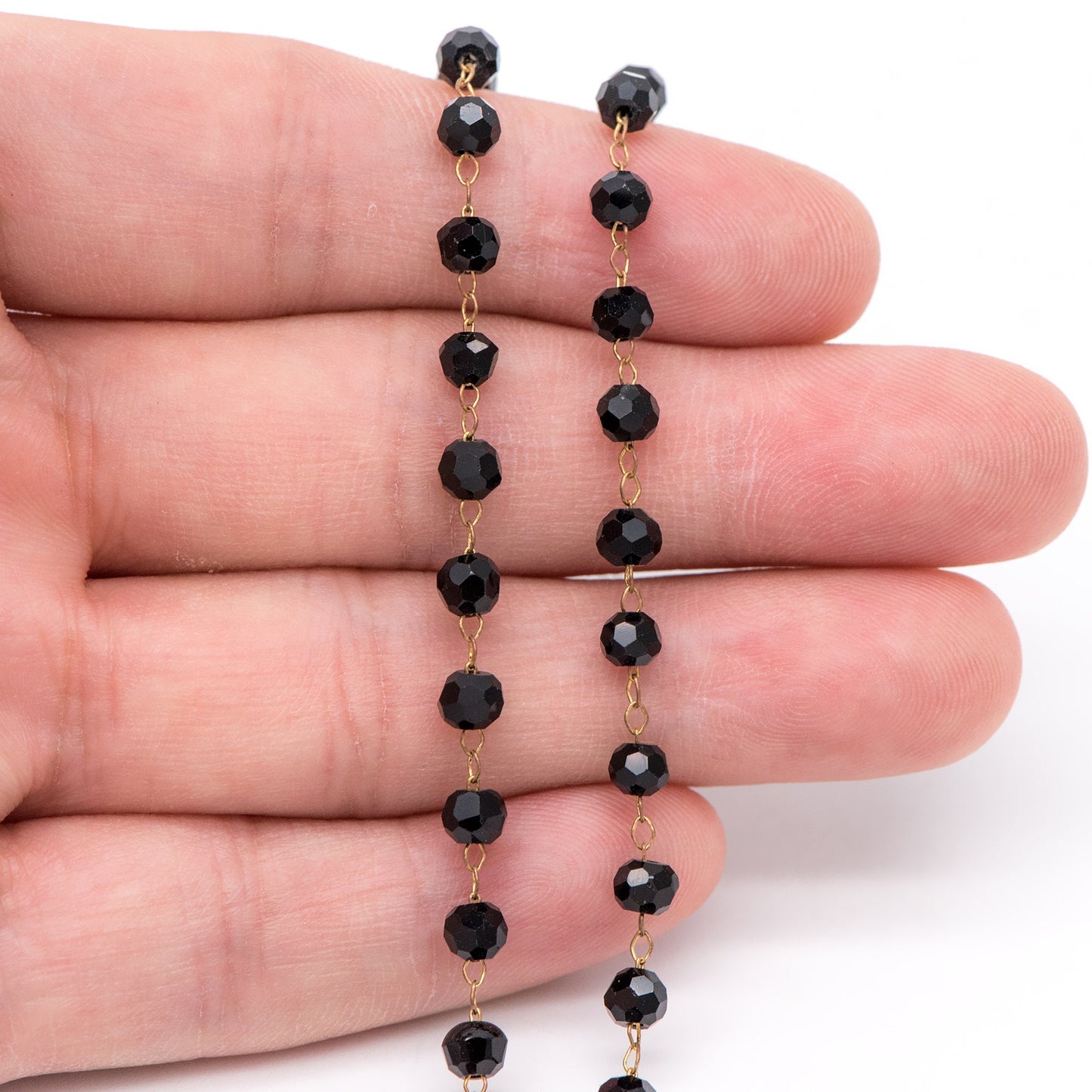 Crystal Faceted Round Bead Chain, Raw Brass Beaded Chains, 4mm Black (#LK-044-1)/ 1 Meter=3.3ft